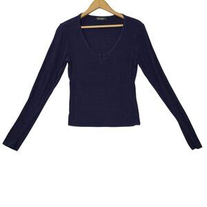 Liz & Sara Womens Long Sleeve Ribbed Knit Top V-Neck Size L Navy Blue